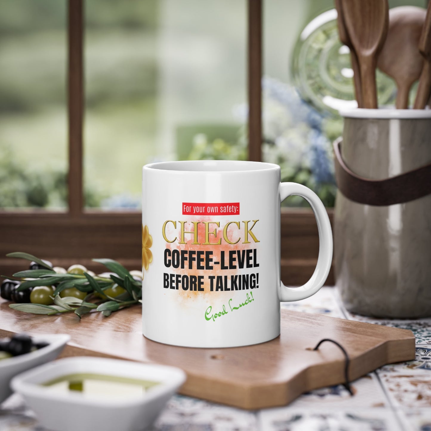 Keramiktasse beidseitig bedruckt | Check Coffee Level before Talking | Lustige Geschenkidee